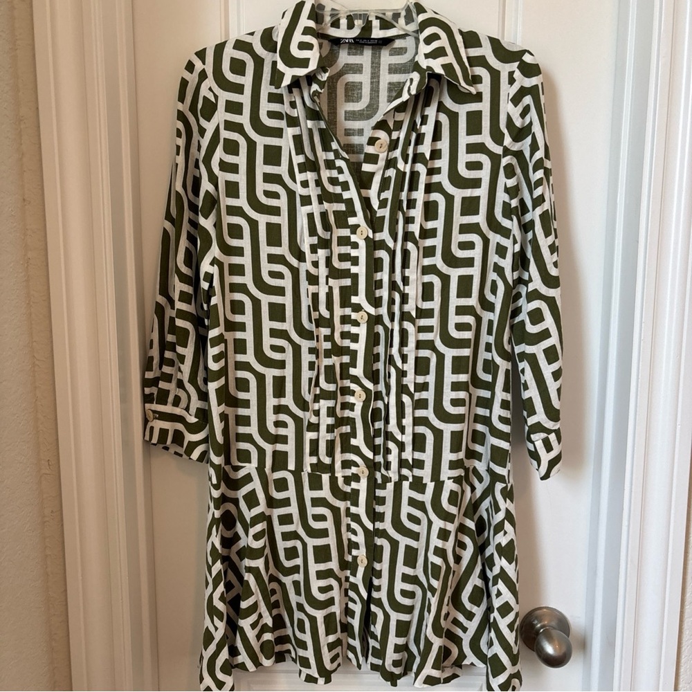 Zara Olive Green and White Button Down Drop Waist Dress